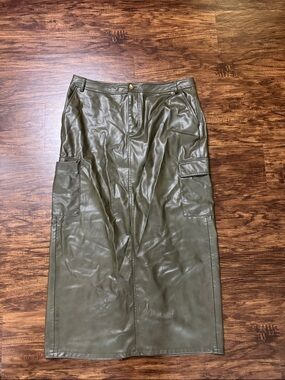 Zara Olive Faux Leather Cargo Midi Skirt